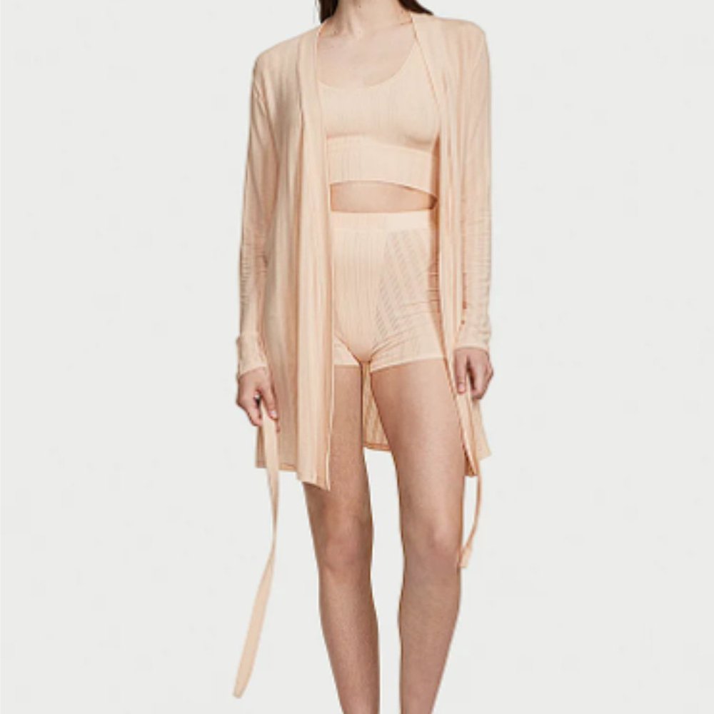 VICTORIA'S SECRET Luxe Modal Ribbed 3 Piece Set Tank Short Robe Marzipan NWT